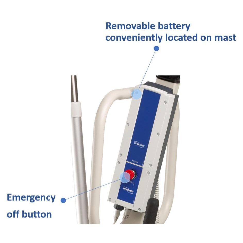 Removable battery conveniently located on mast  
Emergency off button