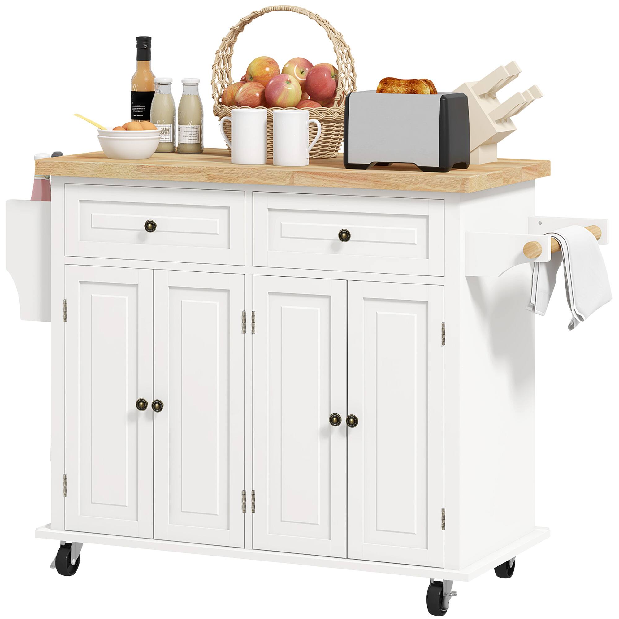 Homcom - Island on Wheels, Rolling Cart with Rubberwood Top, Spice Rack, Towel Rack and Drawers - Cream White