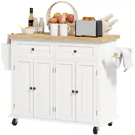Homcom - Island on Wheels, Rolling Cart with Rubberwood Top, Spice Rack, Towel Rack and Drawers - Cream White