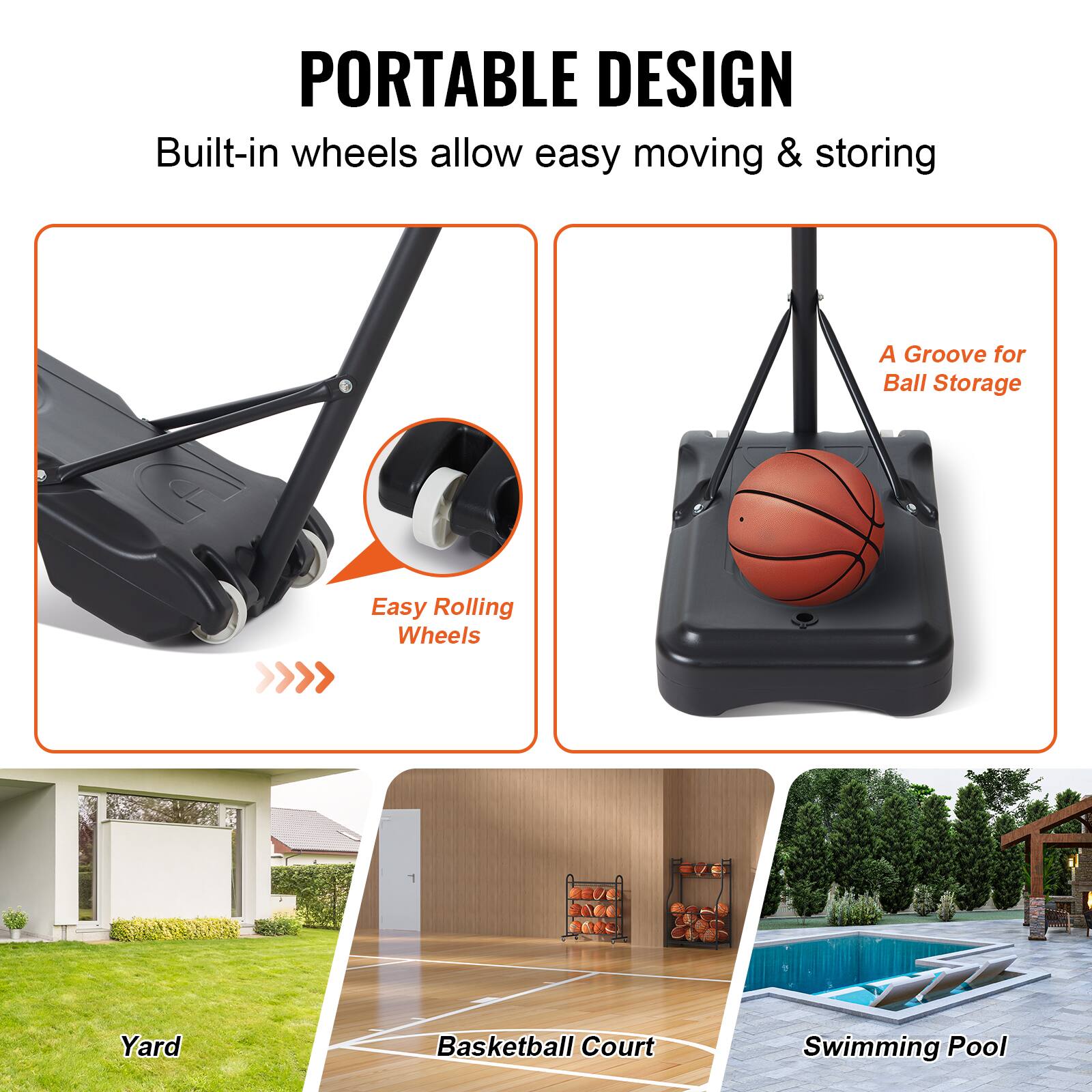 PORTABLE DESIGN
Built-in wheels allow easy moving & storing
Easy Rolling Wheels
A Groove for Ball Storage
Yard
Basketball Court
Swimming Pool