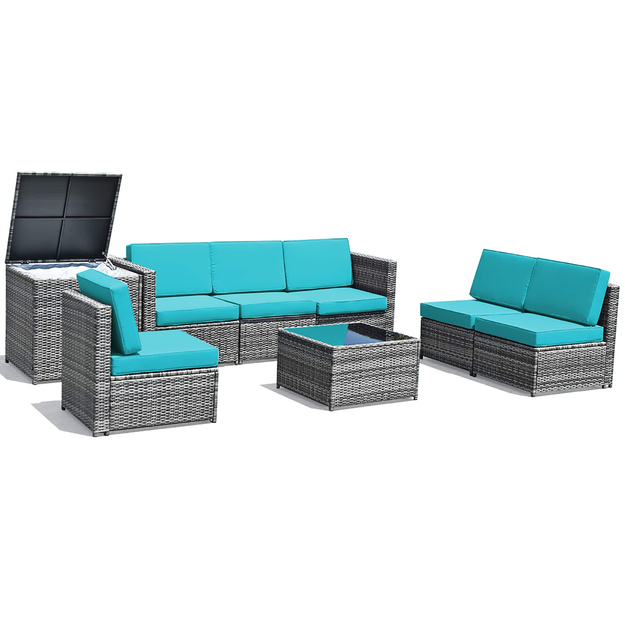 Front. Costway - 8 PCS Wicker Sofa Rattan Furniture Set Patio Furniture w/ Storage Table - Turquoise.