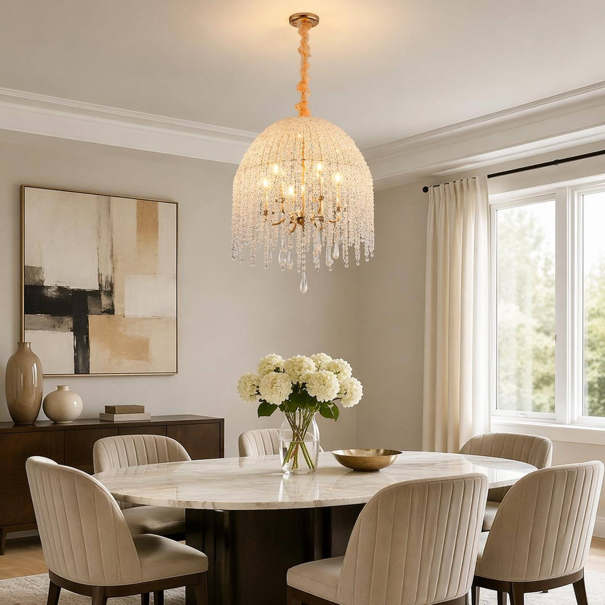 Back. RYHNUYNE - 20 Inch 6-Light K9 Crystal Pendant Chandelier with Gold Finish – Cascading Waterfall Beads, Adjustable Drop.