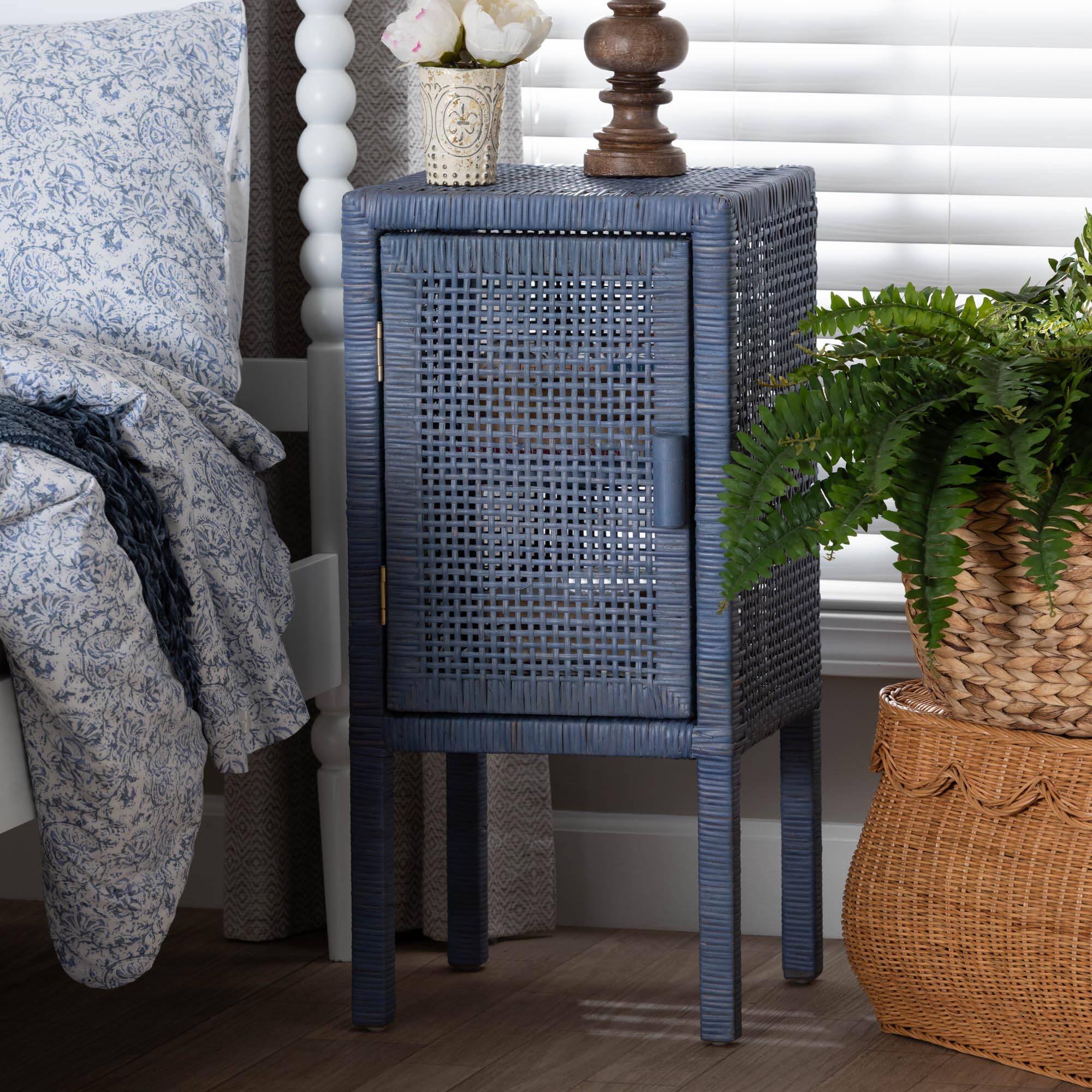 Alt View 5. bali & pari - Vivan Natural Rattan Nightstand - Handwoven Wicker Accent Bedside Table with Interior Shelving and Elevated Base - Navy Blue.