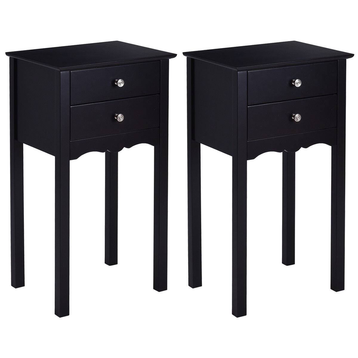 Front. Gymax - Gymax 2 PCS Side Table End Accent Table Night Stand W/ 2 Drawers Black - Black.