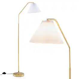 Costway - 66" Arc Floor Lamp with Adjustable Lamp Head, Pleated Lampshade & Foot Switch - Gold + White
