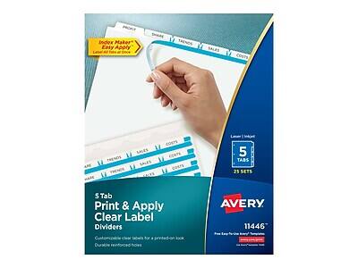 Index Maker* Easy Apply  
Print & Apply Clear Label Dividers  
5 Tabs  
25 Sets  
Avery 11446  
Customizable clear labels for a printed-on look  
Durable reinforced holes  
LASER TRENDS SALES COSTS  
Easy to use and apply