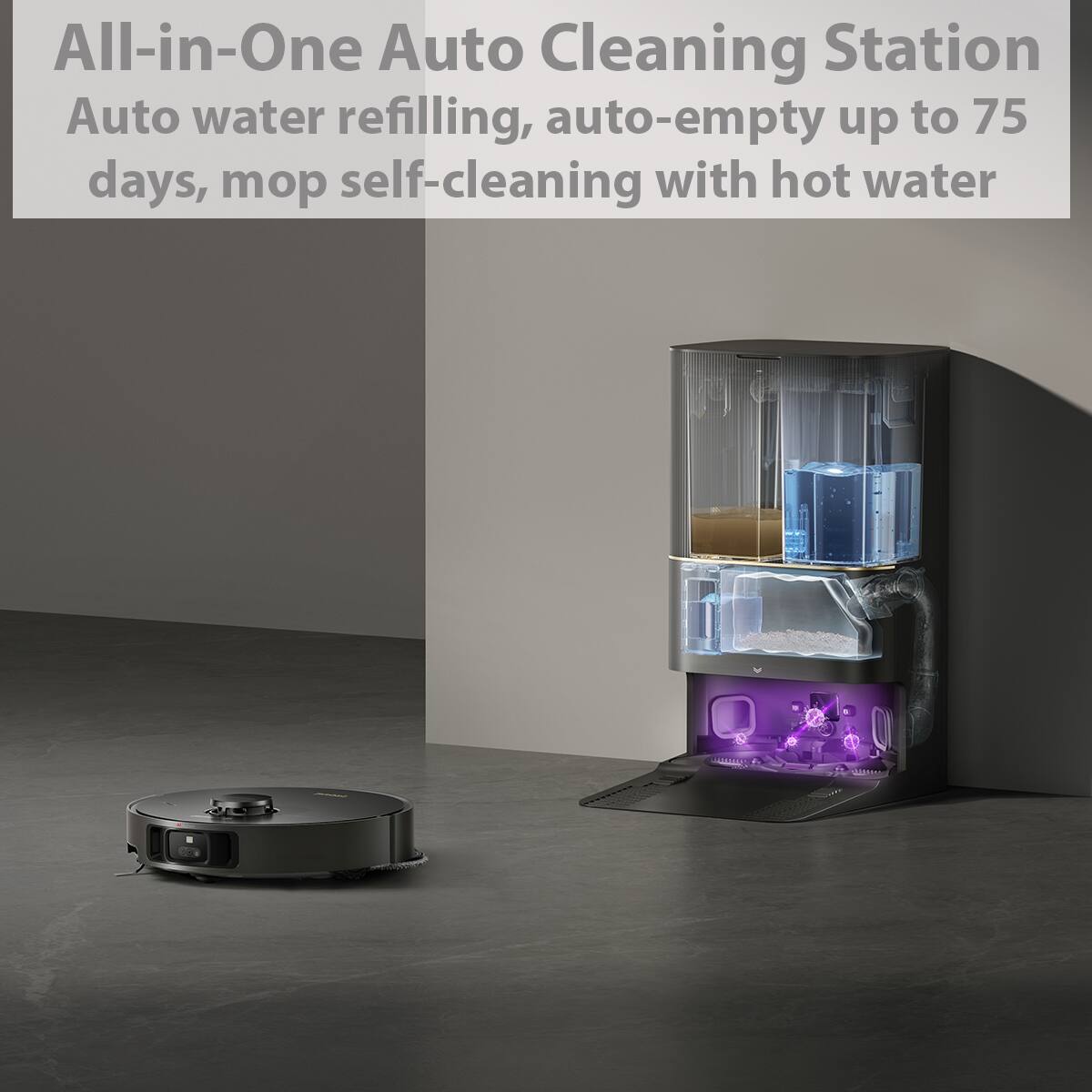 All-in-One Auto Cleaning Station
Auto water refilling, auto-empty up to 75 days, mop self-cleaning with hot water