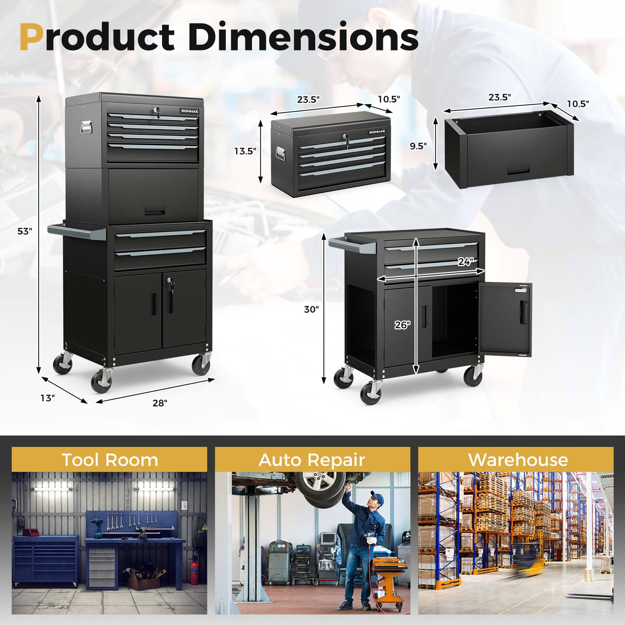 Product Dimensions

- Height: 53"
- Width: 28"
- Depth: 30"
- Drawer Height: 13.5"
- Drawer Width: 23.5"
- Drawer Depth: 10.5"
- Cabinet Width: 23.5"
- Cabinet Depth: 10.5"
- Cabinet Height: 9.5"
- Cabinet Width: 26"
- Cabinet Depth: 24"

Tool Room

Auto Repair

Warehouse