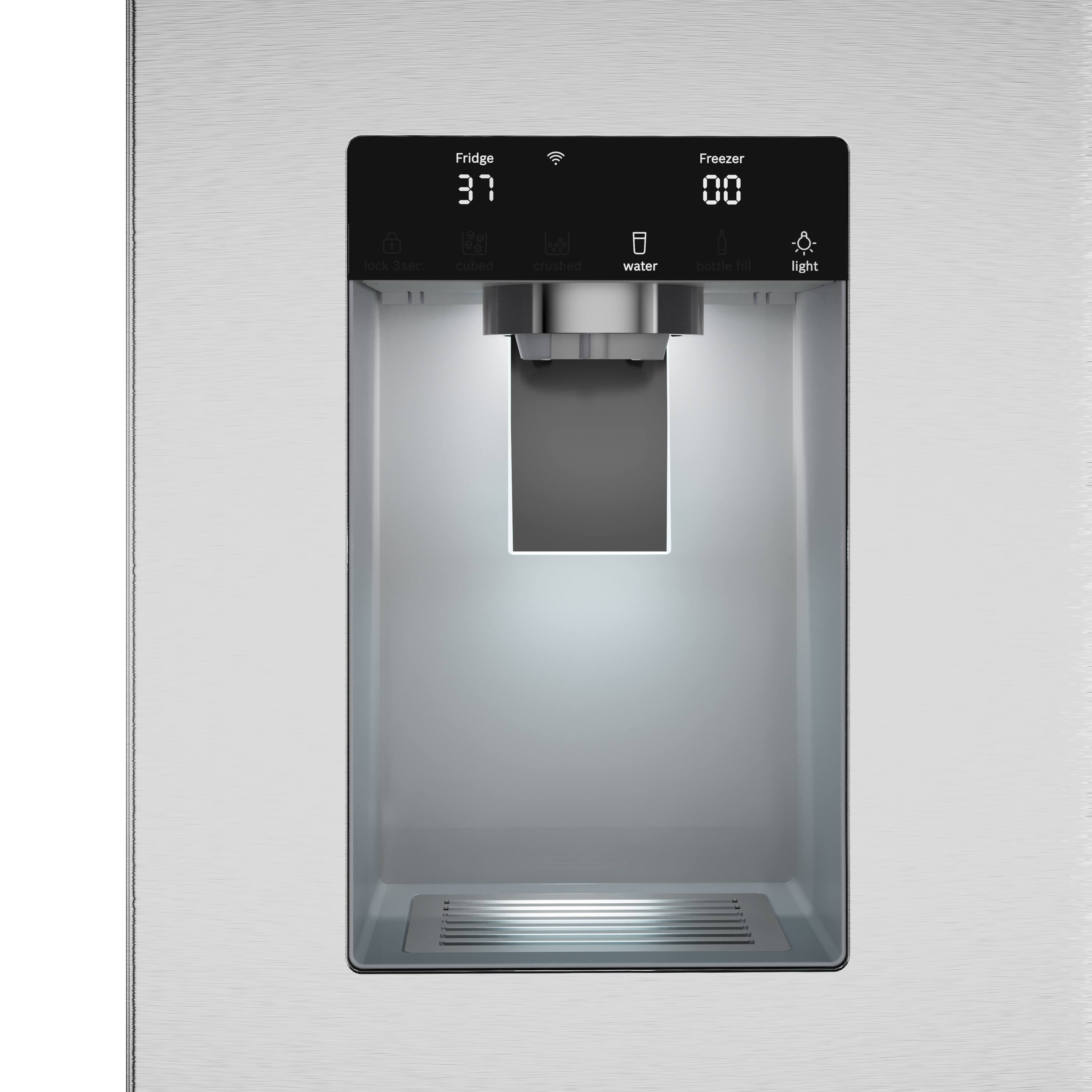 The text on the image reads: "Fridge 37 cubed crushed 0 water Freezer 00 bottle n light."