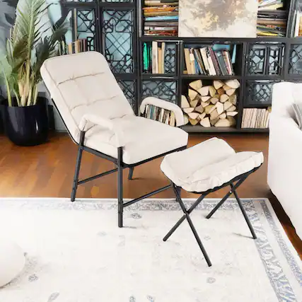 Front. Pefilos - Sofa Chair, Lounge Armchair Recliner, Linen Fabric Modern Accent Chair with Ottoman and Adjustable Backrest, for Living - Beige.