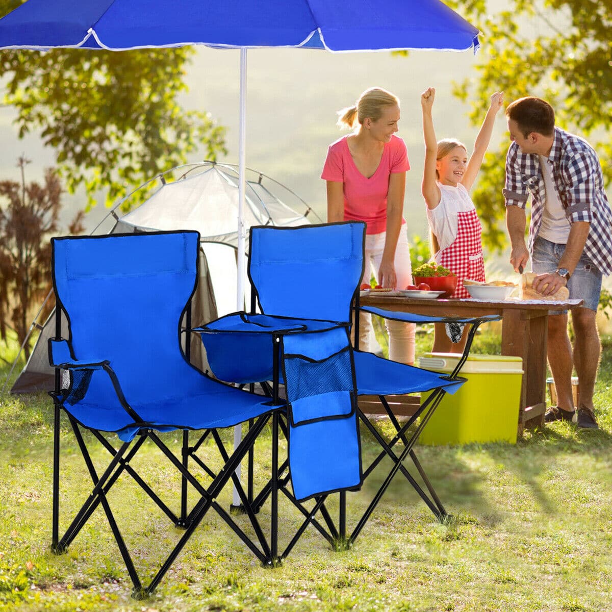 Costway Portable Folding Picnic Double Chair W/Umbrella Table Cooler ...