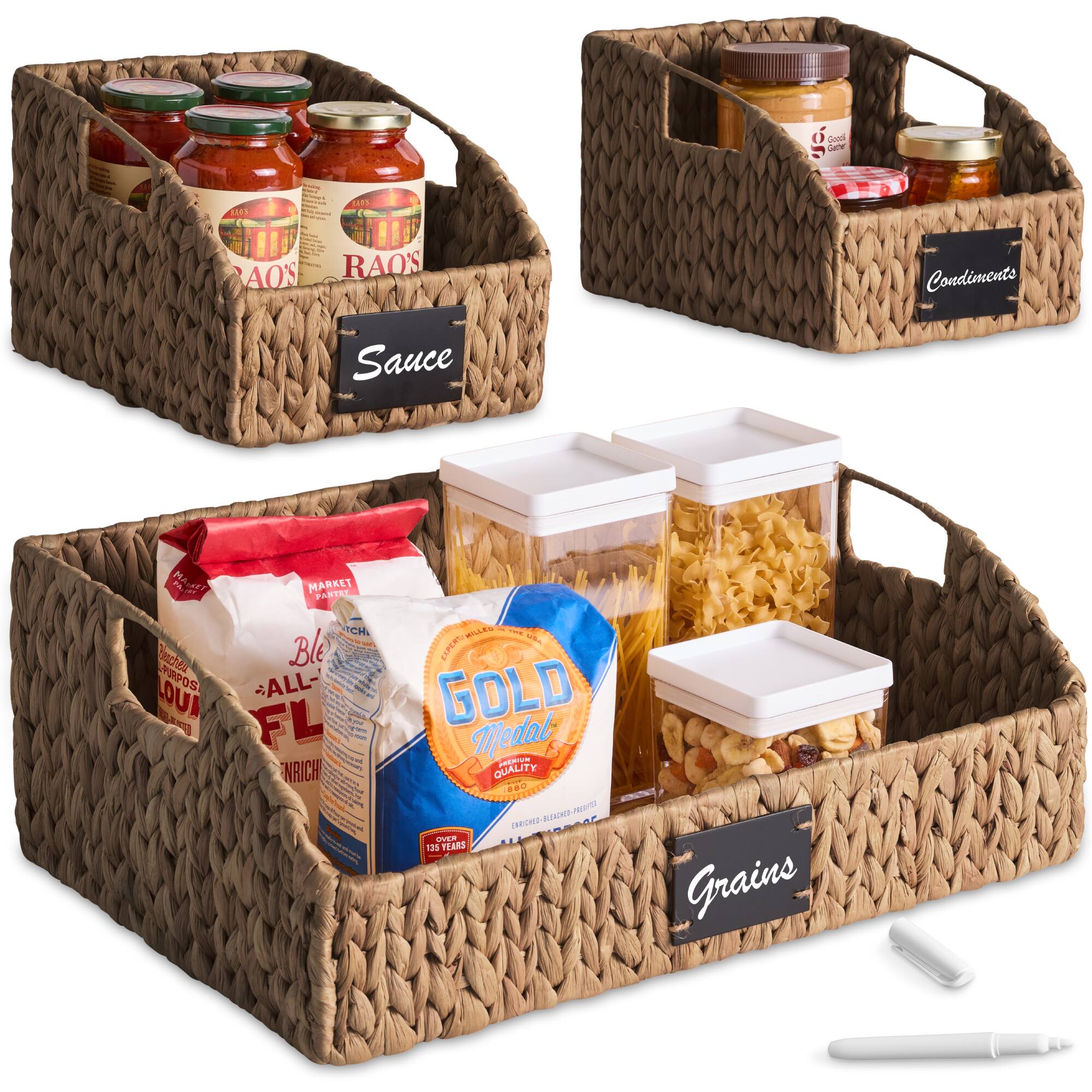 Best Choice Products - Hyacinth Angled Pantry Storage Baskets W/ Handles, Chalkboard & Marker (Set of 3) - Chestnut