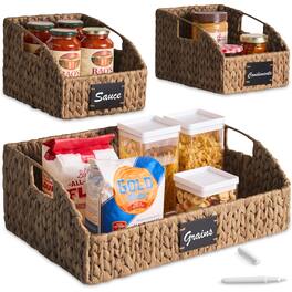 Best Choice Products - Hyacinth Angled Pantry Storage Baskets W/ Handles, Chalkboard & Marker (Set of 3) - Chestnut