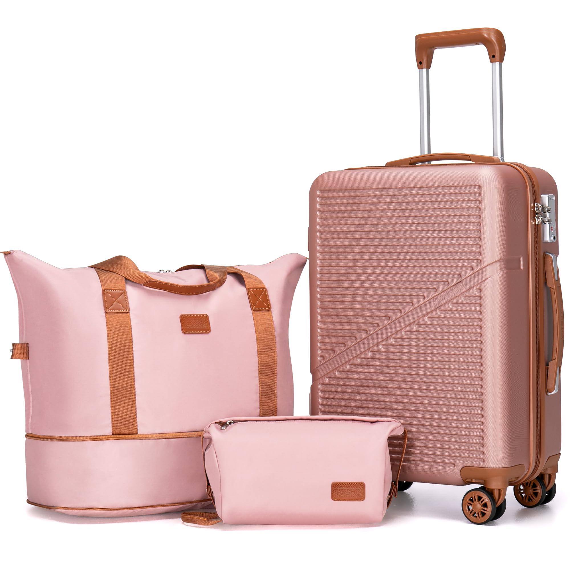 Dapper Styles - Carry On Luggage Airline Approved Suitcases 22x14x9 - RoseGold-Carry On Luggage With Backpack