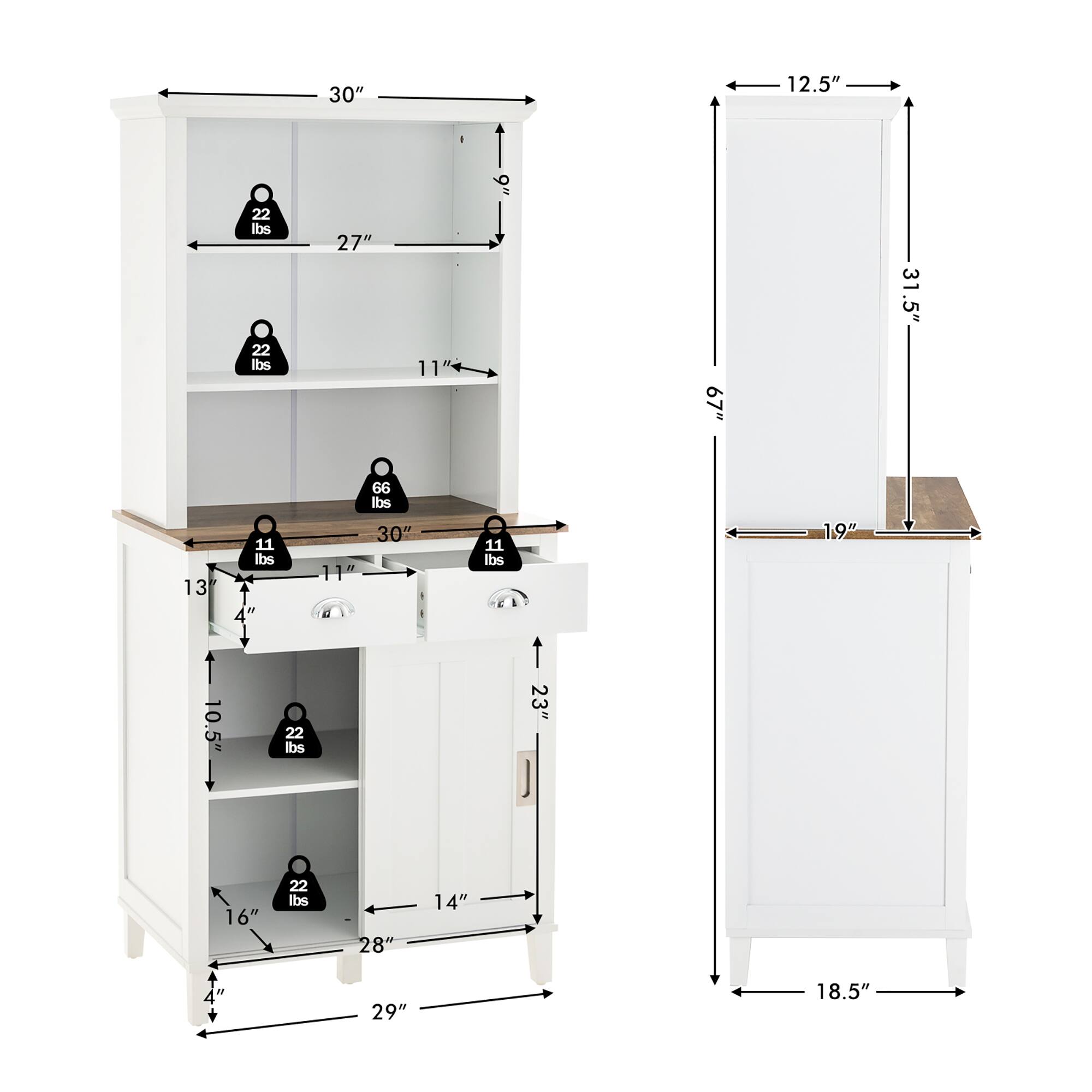 - 30" (width)
- 12.5" (depth)
- 67" (height)
- 22 lbs (shelf capacity)
- 27" (shelf depth)
- 11" (shelf depth)
- 30" (shelf depth)
- 1.5" (drawer depth)
- 13" (drawer height)
- 11 lbs (drawer capacity)
- 11" (drawer height)
- 66 lbs (shelf capacity)
- 1.9" (drawer depth)
- 10.5" (drawer height)
- 22 lbs (drawer capacity)
- 23" (drawer height)
- 16" (drawer height)
- 28" (drawer width)
- 14" (drawer width)
- 29" (drawer width)
- 18.5" (width)
- 31.5" (height)
- 19" (drawer height)
- 23" (drawer height)