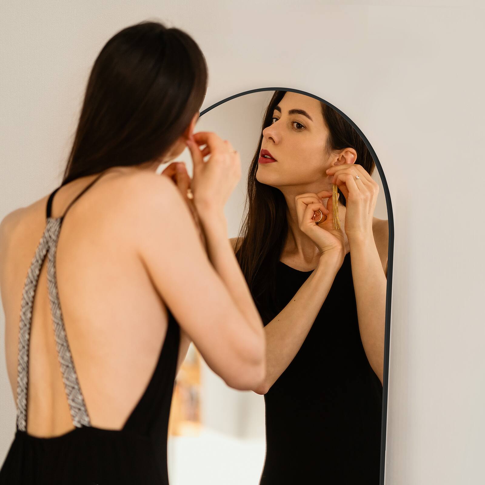 Back. DOMETOUR - 21"×64"Arched Full Length Mirror Full Body Mirror Floor Mirror Standing Hanging or Leaning Wall - Black.