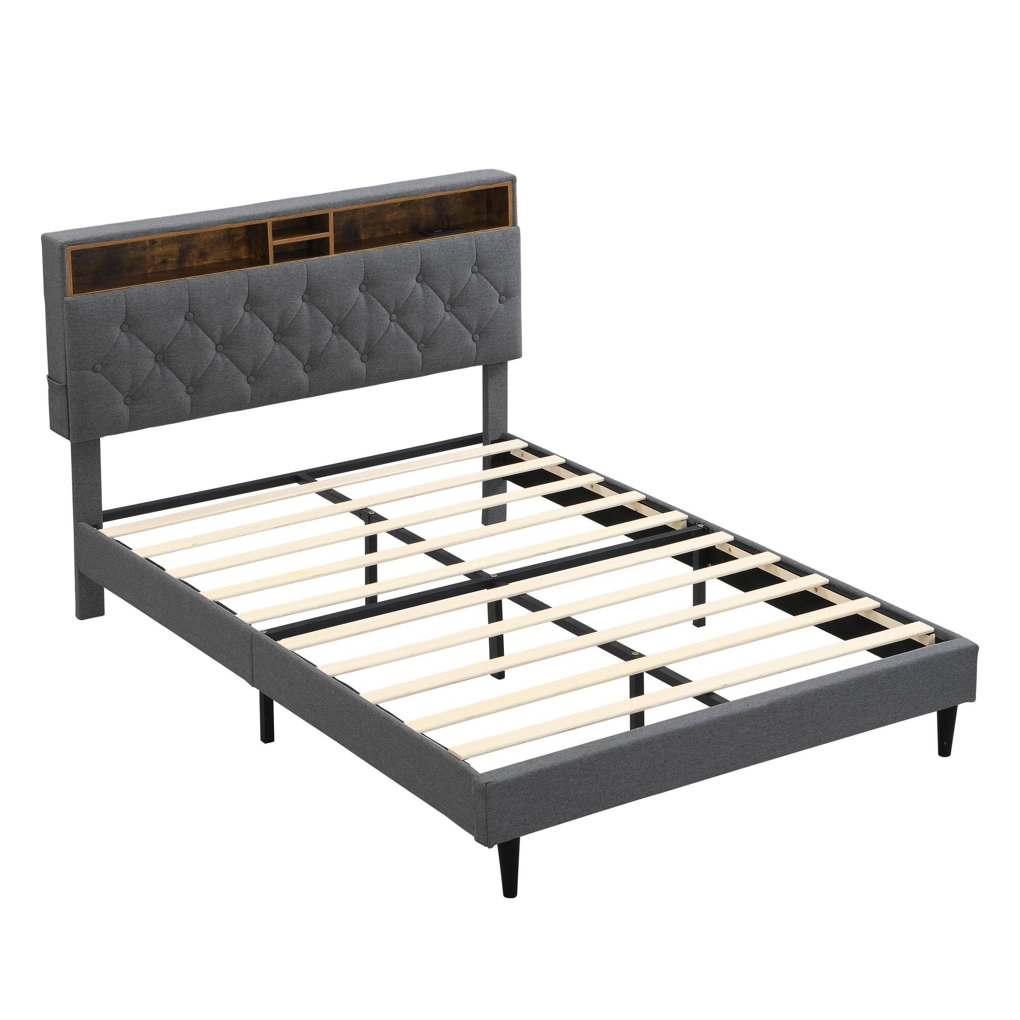 Back. GOODSILO - Queen-Size Upholstered Platform Bed Frame with Modern Button-Tufted Headboard and USB Charging Ports - Dark Gray.