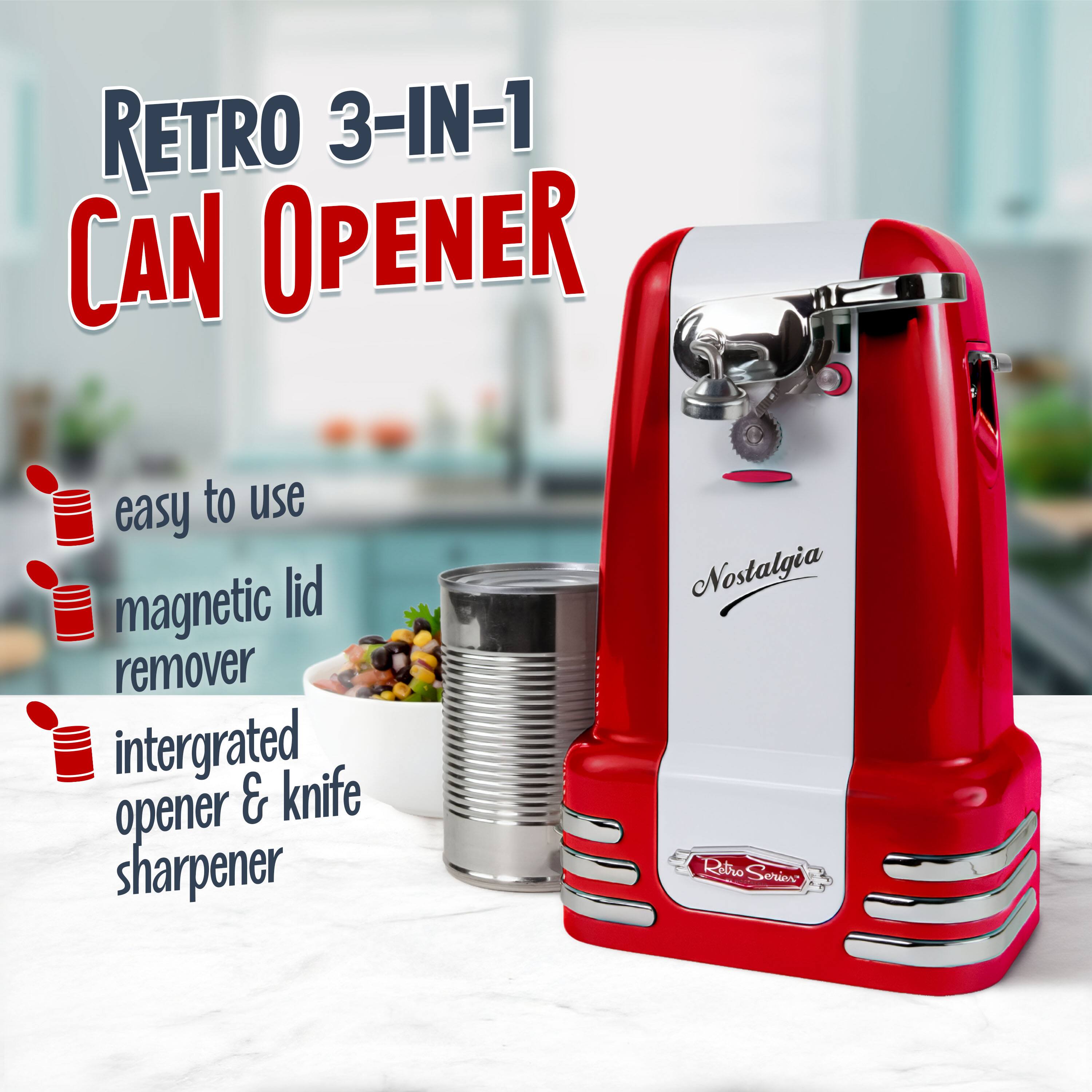 RETRO 3-IN-1 CAN OPENER

- easy to use
- magnetic lid remover
- integrated opener & knife sharpener

Nostalgia Retro Series