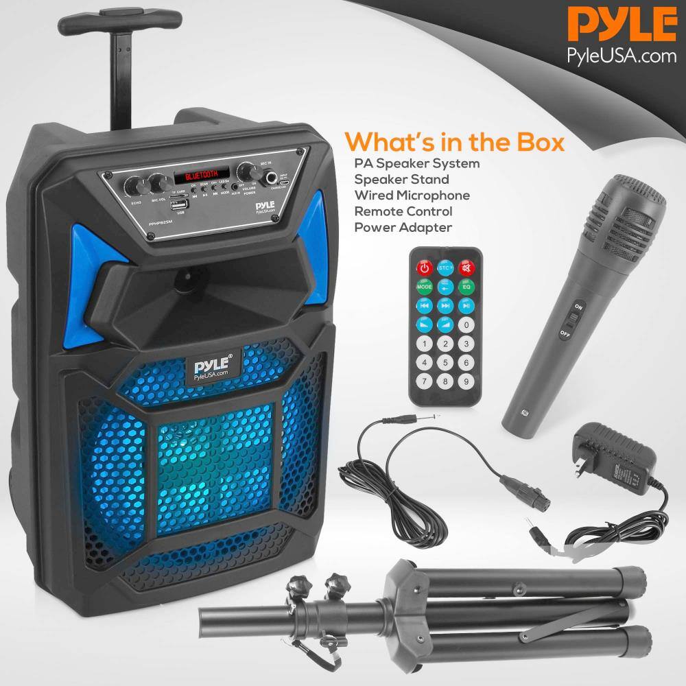 PYLE  
PyleUSA.com  

What's in the Box  
PA Speaker System  
Speaker Stand  
Wired Microphone  
Remote Control  
Power Adapter  

PYLE  
PyleUSA.com
