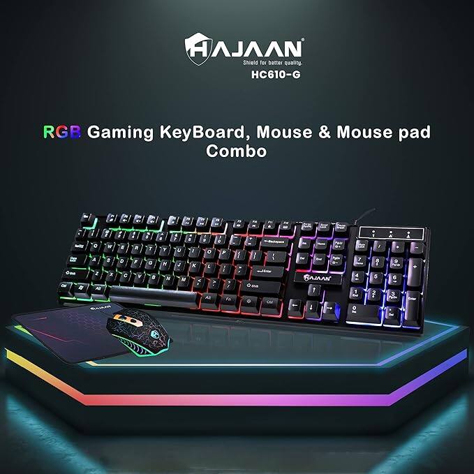 Sure, here is the corrected and grouped text:

---

**HAJAN**  
Shield for better quality.  
HC610-G  

**RGB Gaming Keyboard, Mouse & Mouse pad Combo**

---

This text is taken directly from the image.
