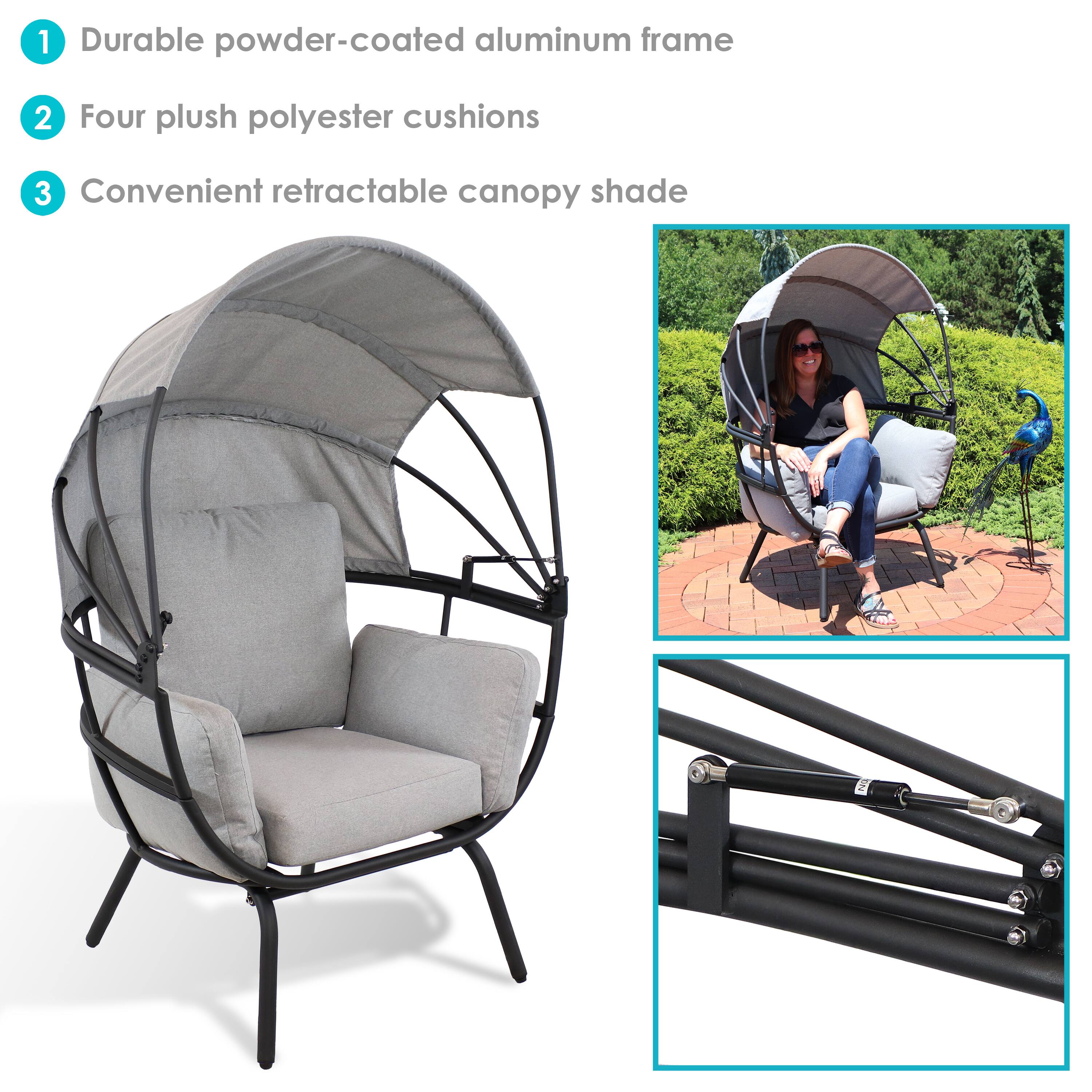 1. Durable powder-coated aluminum frame  
2. Four plush polyester cushions  
3. Convenient retractable canopy shade