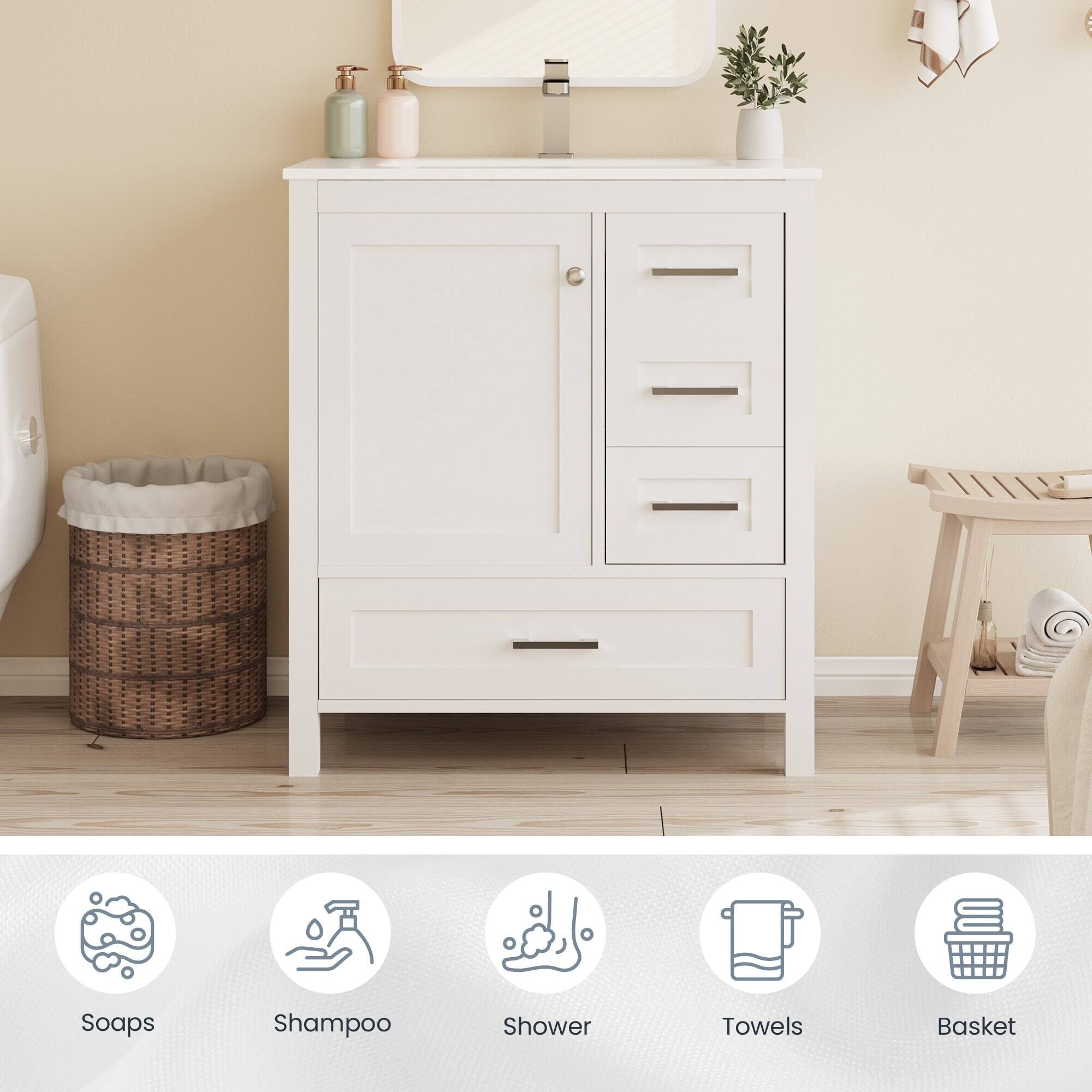 Soaps  
Shampoo  
Shower  
Towels  
Basket