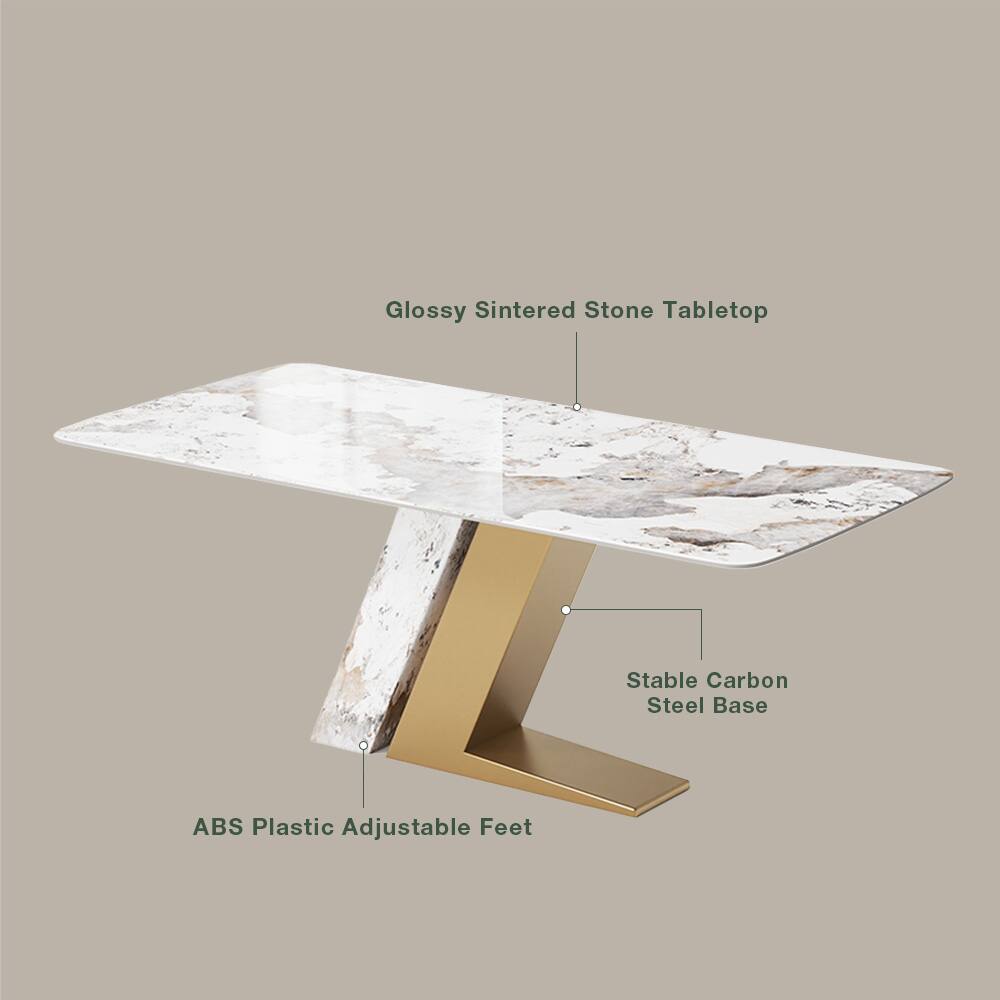 Glossy Sintered Stone Tabletop  
Stable Carbon Steel Base  
ABS Plastic Adjustable Feet