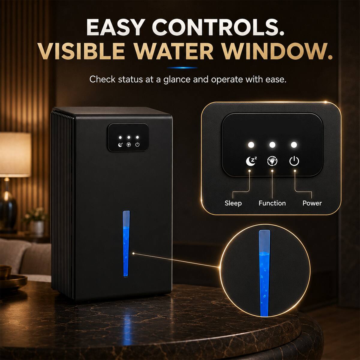 EASY CONTROLS.  
VISIBLE WATER WINDOW.  
Check status at a glance and operate with ease.  

Sleep  
Function  
Power