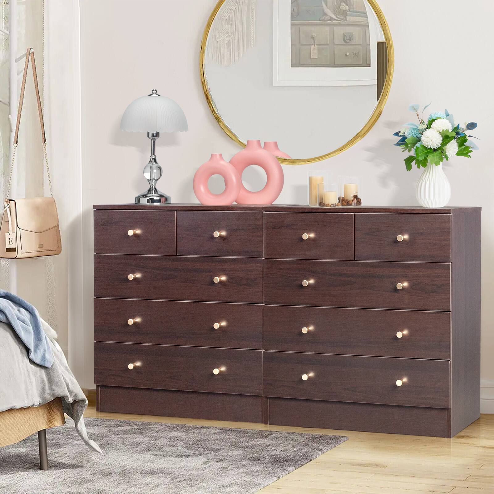Alt View 6. Kadyn - 5 Drawer Dresser with Gold Handle, Nursery Dresser Chest Of Drawers Organizer - Brown.