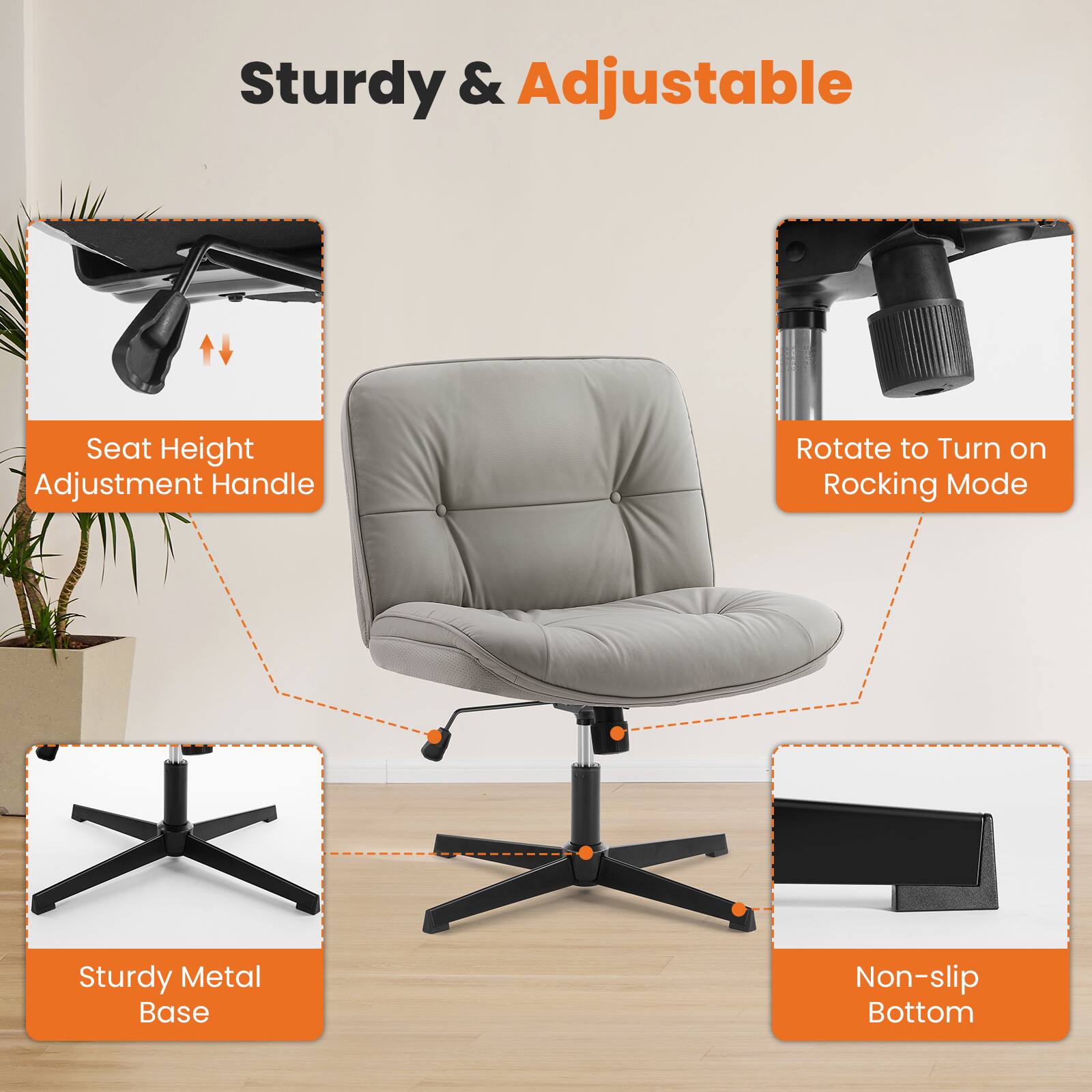 Sturdy & Adjustable

- Seat Height Adjustment Handle
- Rotate to Turn on Rocking Mode
- Sturdy Metal Base
- Non-slip Bottom