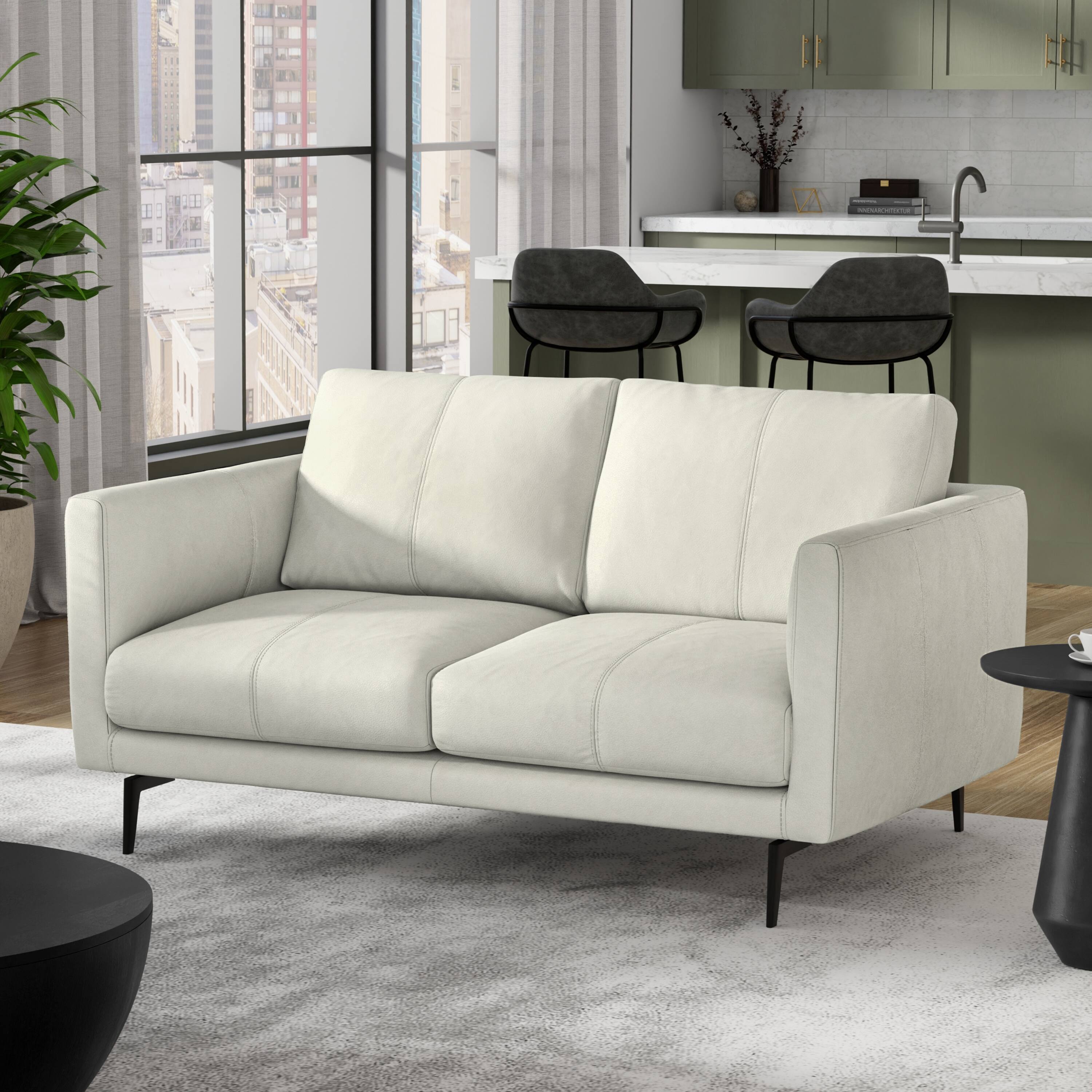 Angle. Simpli Home - Stevens Modern, Mid - Century 60 inch Wide Sofa in Light Smoke Grey Genuine Leather - Light Smoke Grey.