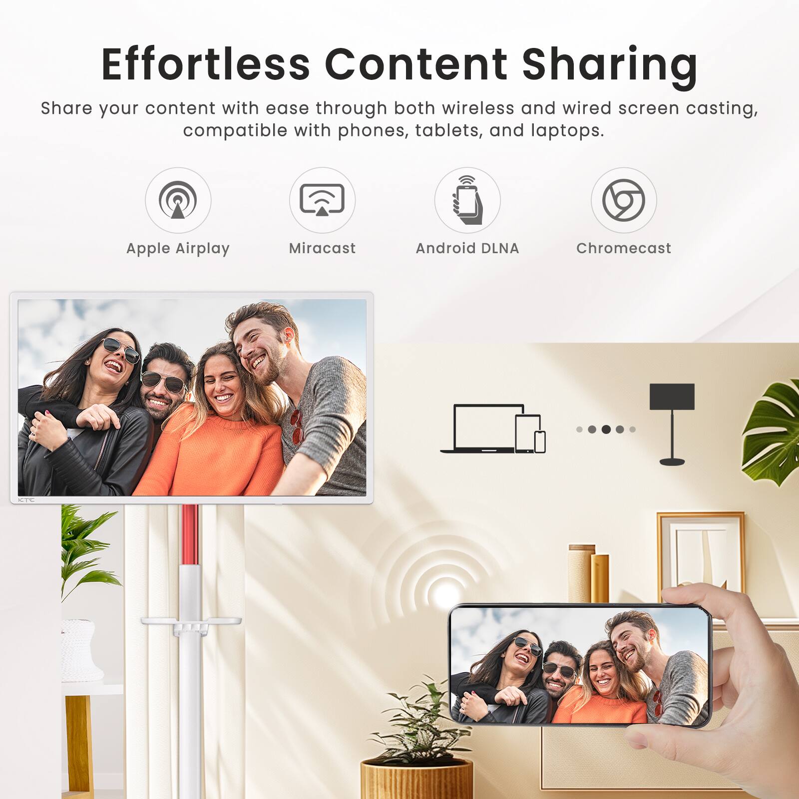 Effortless Content Sharing: Share your content with ease through both wireless and wired screen casting, compatible with phones, tablets, and laptops. Apple Airplay, Miracast, Android DLNA, Chromecast.