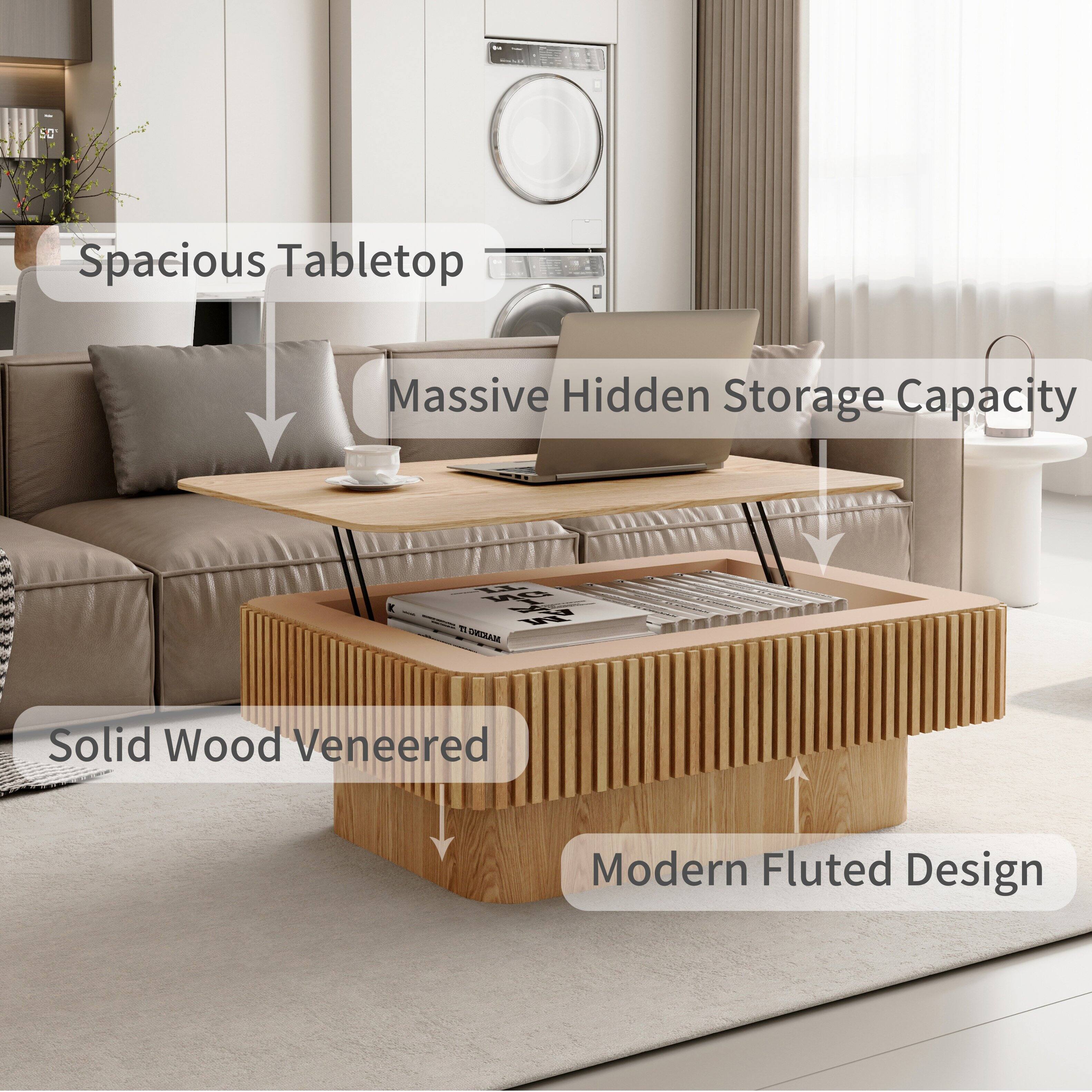 Spacious Tabletop  
Massive Hidden Storage Capacity  
Solid Wood Veneered  
Modern Fluted Design