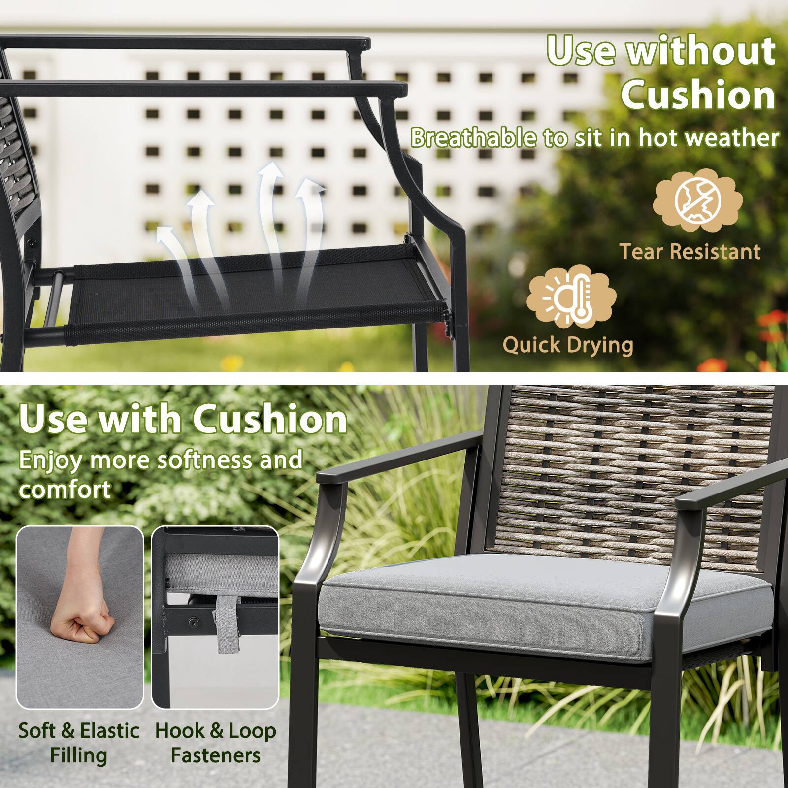 Use without Cushion: Breathable to sit in hot weather, Tear Resistant, Quick Drying.

Use with Cushion: Enjoy more softness and comfort. Soft & Elastic Filling, Hook & Loop Fasteners.