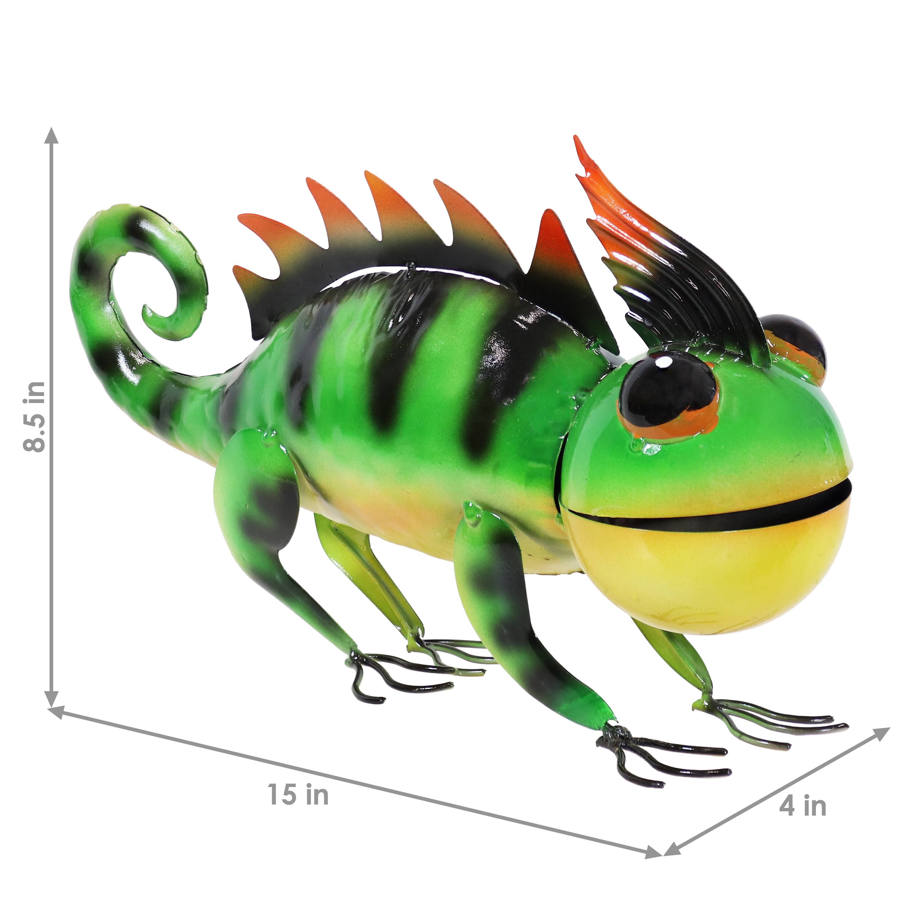 Alt View 2. Sunnydaze - Greg the Chameleon Indoor and Outdoor Metal Statue - 8.5 in - Green.