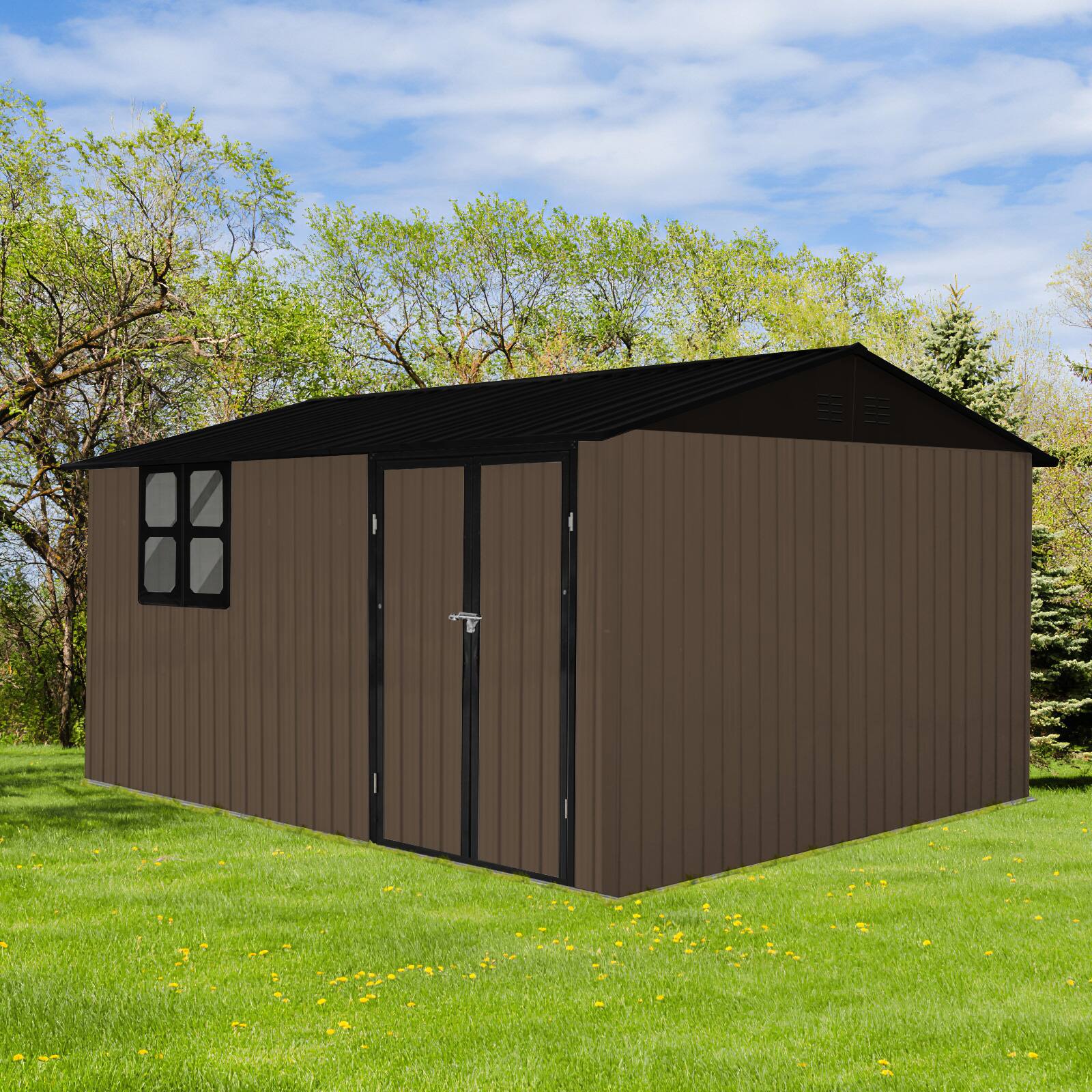 Left. Mondawe - 12x10 Ft Metal Garden Sheds with Window - Brown.