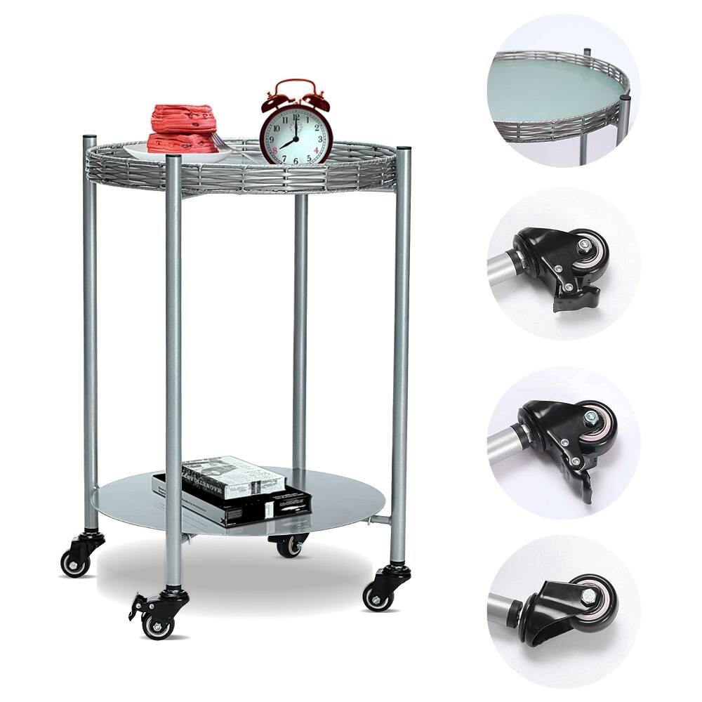 Alt View 8. Loheer - Loheer Round Coffee Table with Wheels 2-Tier Movable Metal Side Table Silver Rolling Nightstand for Living Room Bedroom - Silver.