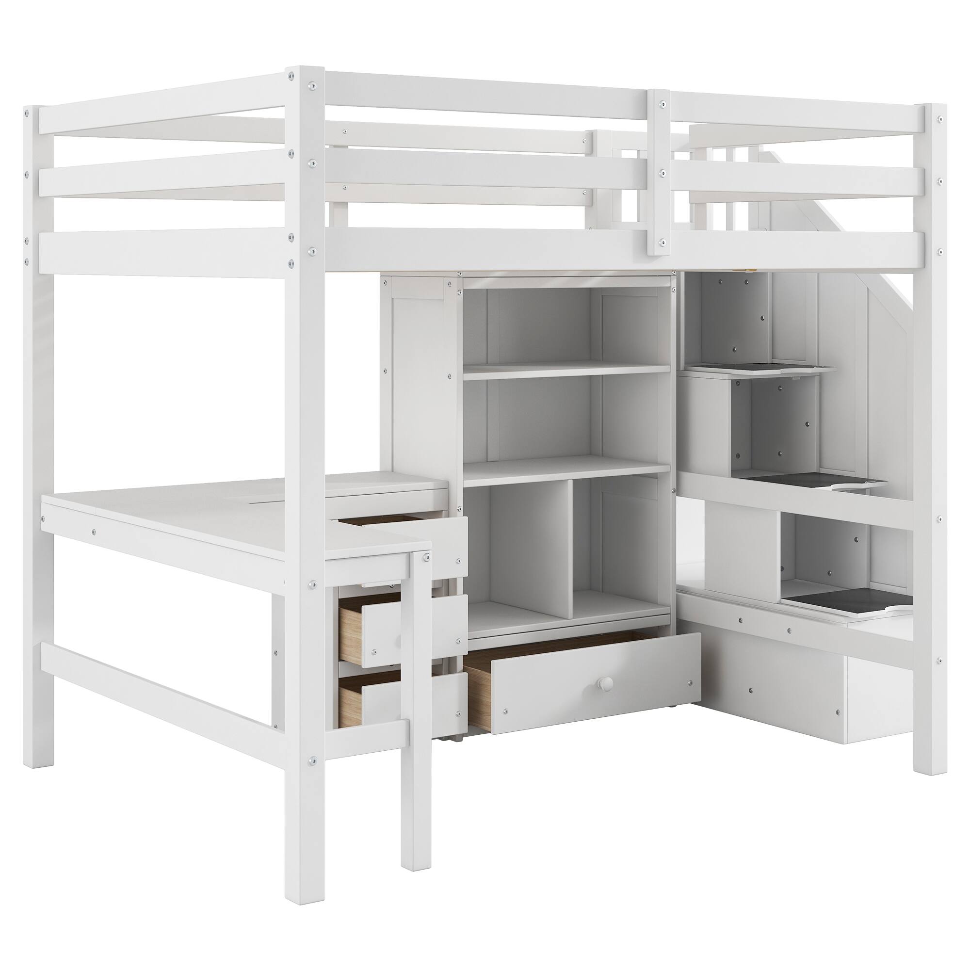 Alt View 7. Tiramisubest - Full Size White Pine Loft Bed with L-Shaped Desk, Drawers, Cabinet & Storage Staircase - White.