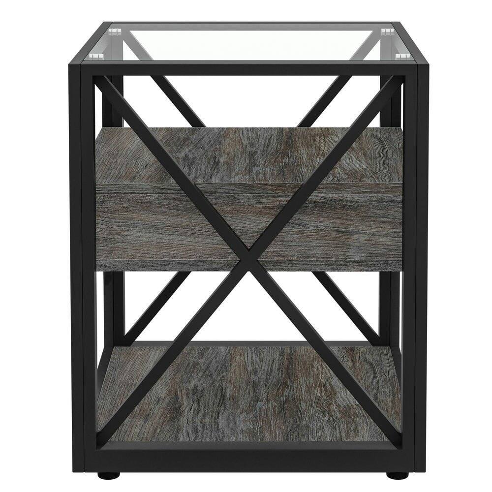 Alt View 2. Resenkos - Resenkos Industrial End Table With Drawer, Rustic MDF & Tempered Glass Top, Antique Wood Grain And Black - Gray.