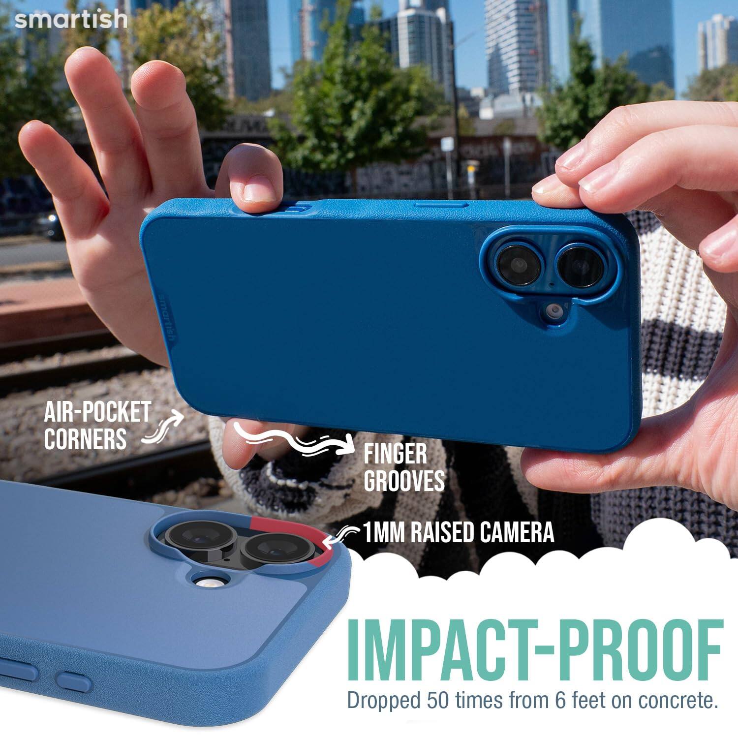 smartish  
AIR-POCKET CORNERS  
FINGER GROOVES  
1MM RAISED CAMERA  
IMPACT-PROOF  
Dropped 50 times from 6 feet on concrete.