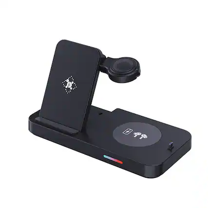 Front. RISOKEYS - 4-in-1 Foldable Wireless Charger - Phone Stand for Samsung Watch, Phone, and Earphones, Watch Charging Station - Black.