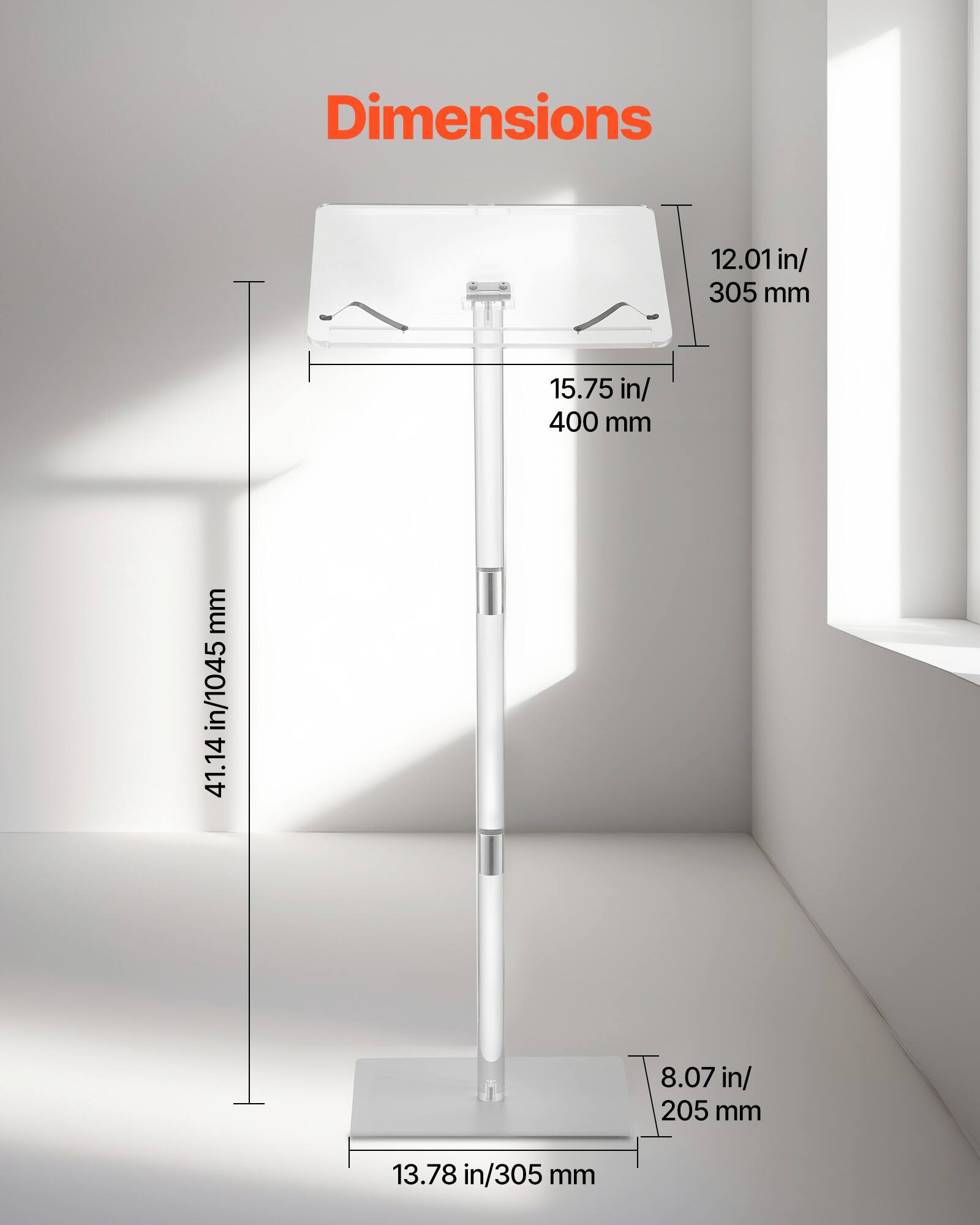 Dimensions

- 12.01 in / 305 mm
- 15.75 in / 400 mm
- 41.14 in / 1045 mm
- 8.07 in / 205 mm
- 13.78 in / 305 mm