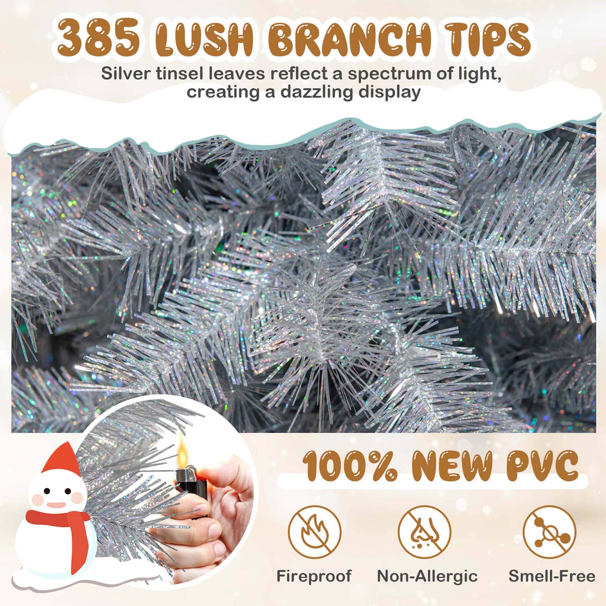 385 LUSH BRANCH TIPS
Silver tinsel leaves reflect a spectrum of light, creating a dazzling display
100% NEW PVC
Fireproof
Non-Allergic
Smell-Free
