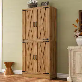 Aheaplus - 71'' Tall Farmhouse Pantry Storage Cabinet with 4 Barn Doors and Drawer, Cupboard with Adjustable Shelves - Nature Oak