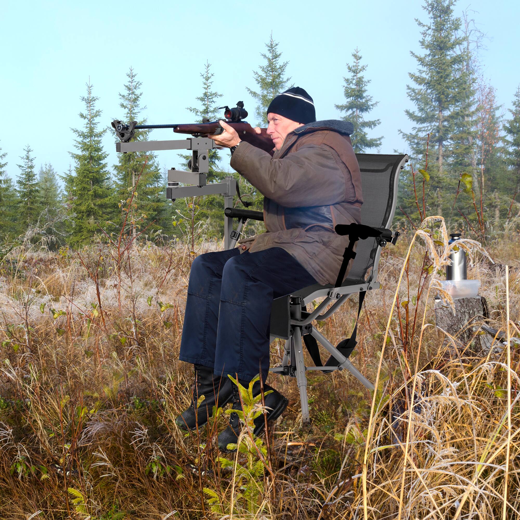Alt View 1. Gymax - Gymax Portable Hunting Chair w/360° Swivel Adjustable Legs & Armrests Gun Holder - Black, Grey.