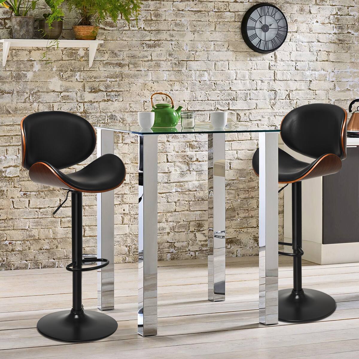 Alt View 1. Costway - Costway Set of 2 Bentwood Barstool Mid-Century Adjustable Swivel PU Leather Curved Back - Brown.