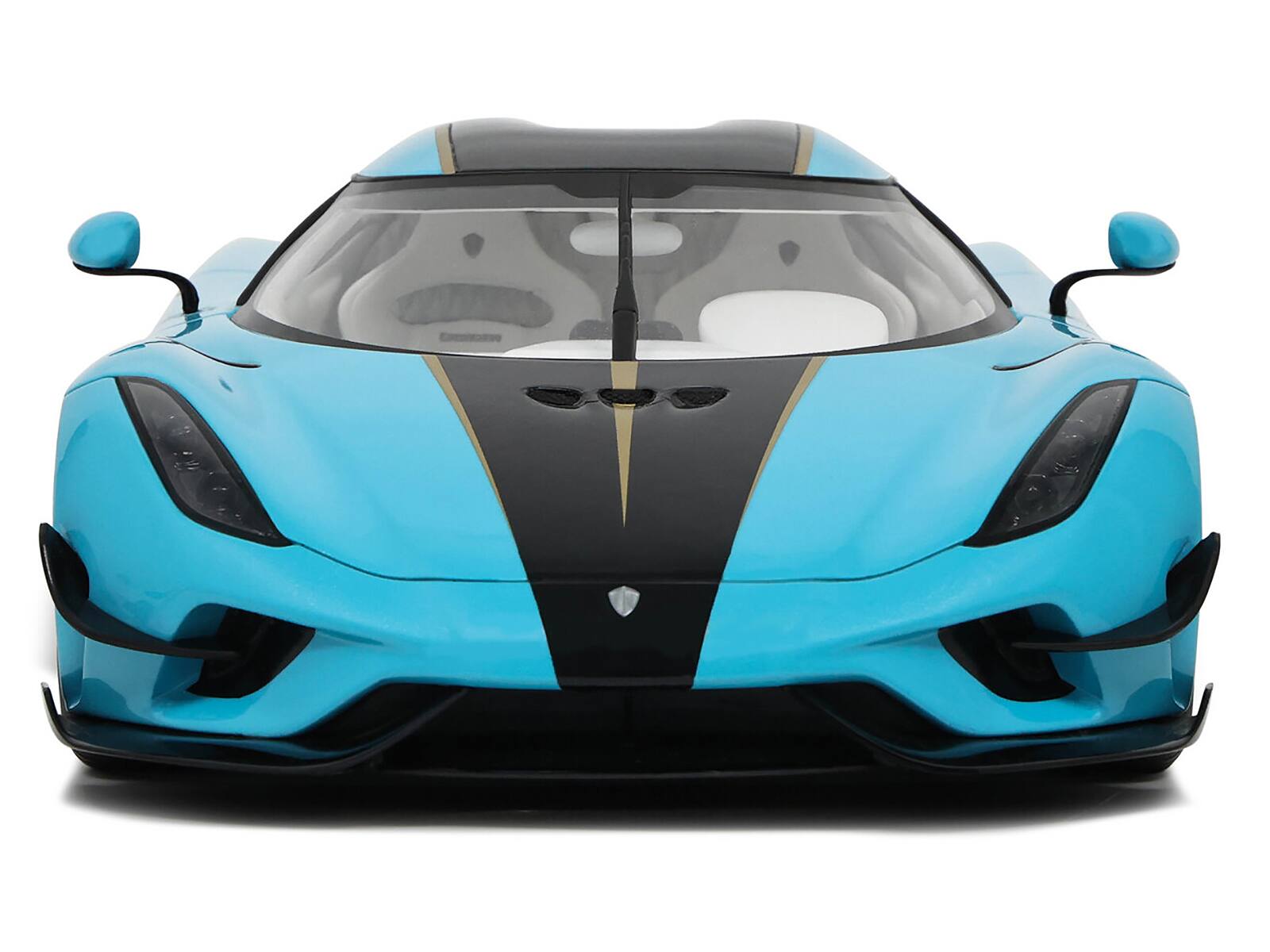 Alt View 1. GT Spirit - 2018 Koenigsegg Regera Baby Blue with Black Stripes and White Interior 1/18 Model Car by GT Spirit - Blue ,Black , White.