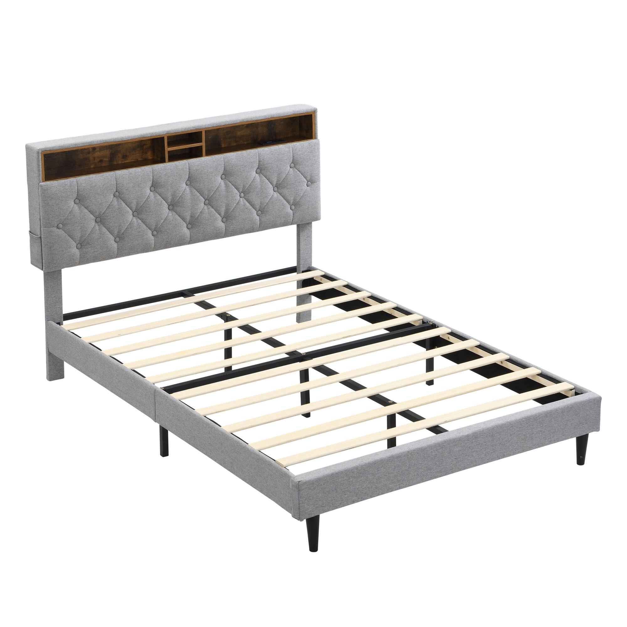 Alt View 2. GOODSILO - Queen-Size Upholstered Platform Bed Frame with Modern Button-Tufted Headboard and USB Charging Ports - Light Gray.