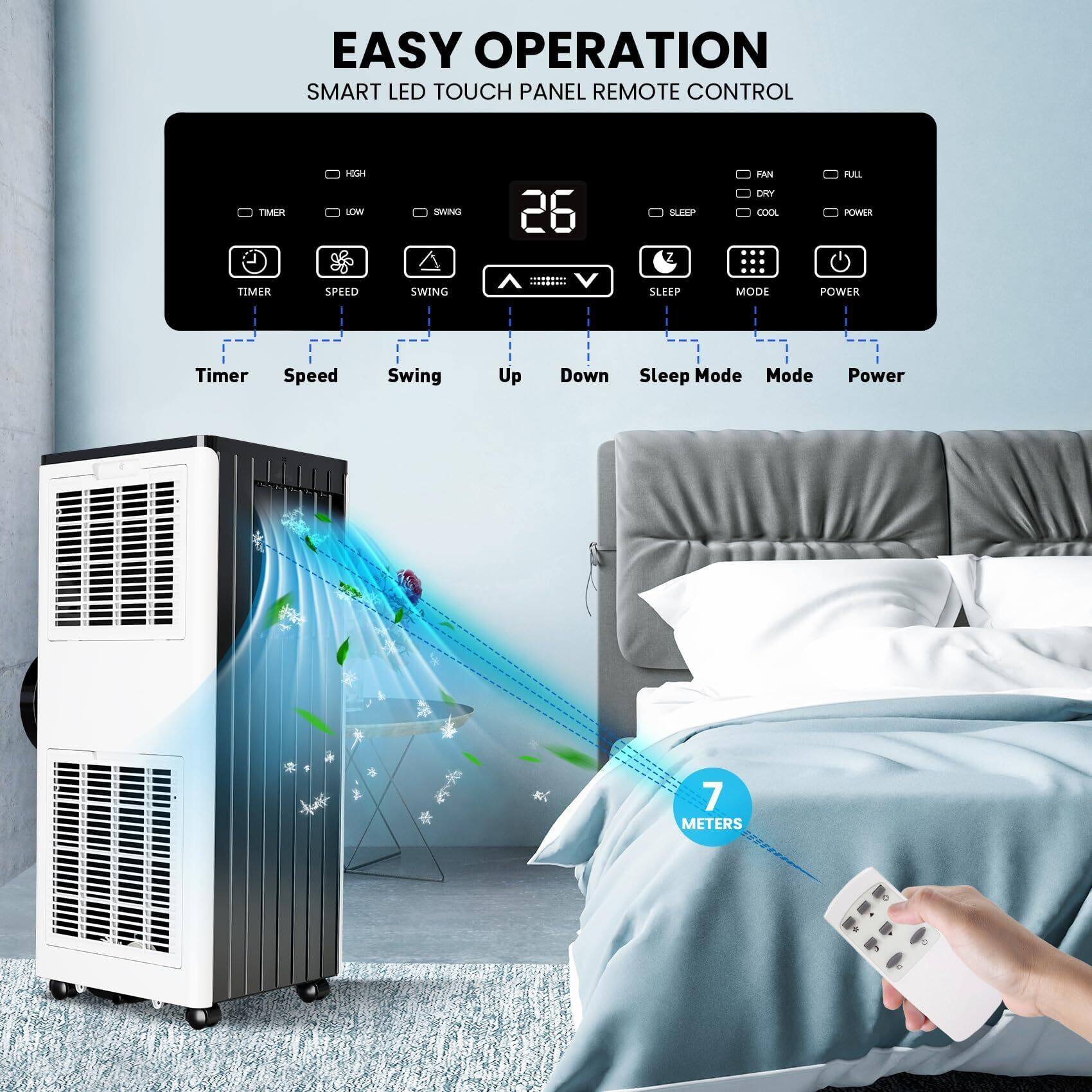 EASY OPERATION  
SMART LED TOUCH PANEL REMOTE CONTROL  

Timer  
Speed  
Swing  
Up  
Down  
Sleep Mode  
Mode  
Power  

26  

HIGH  
TIMER  
LOW  
SWING  
SLEEP  
FAN  
DRY  
COOL  
POWER  

7 METERS