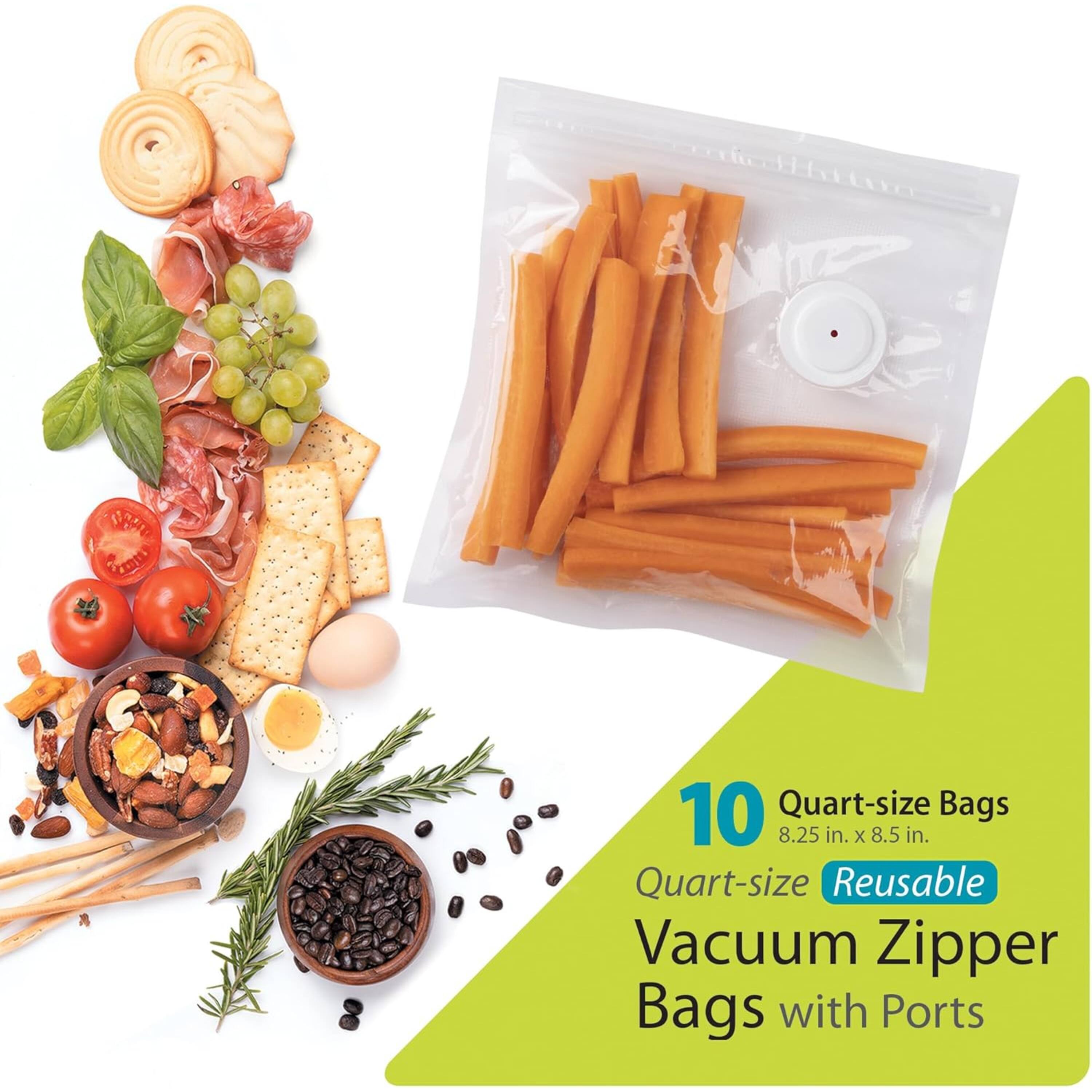 10 Quart-size Bags  
8.25 in. x 8.5 in.  
Quart-size Reusable Vacuum Zipper Bags with Ports